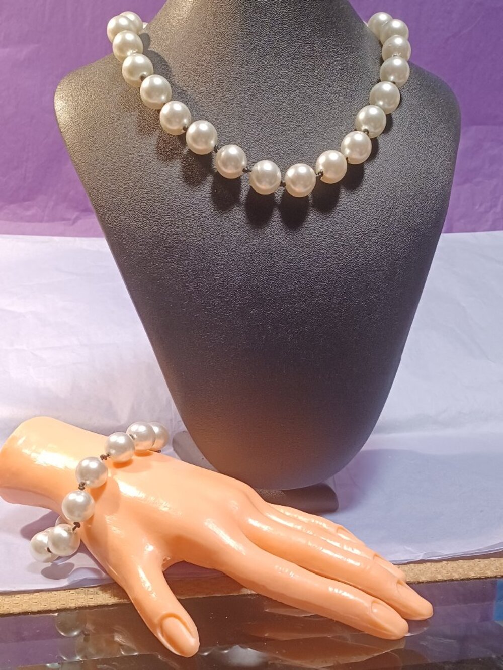 Hand Knotted Leather Cord Faux Pearl Necklace - 2 pc. set